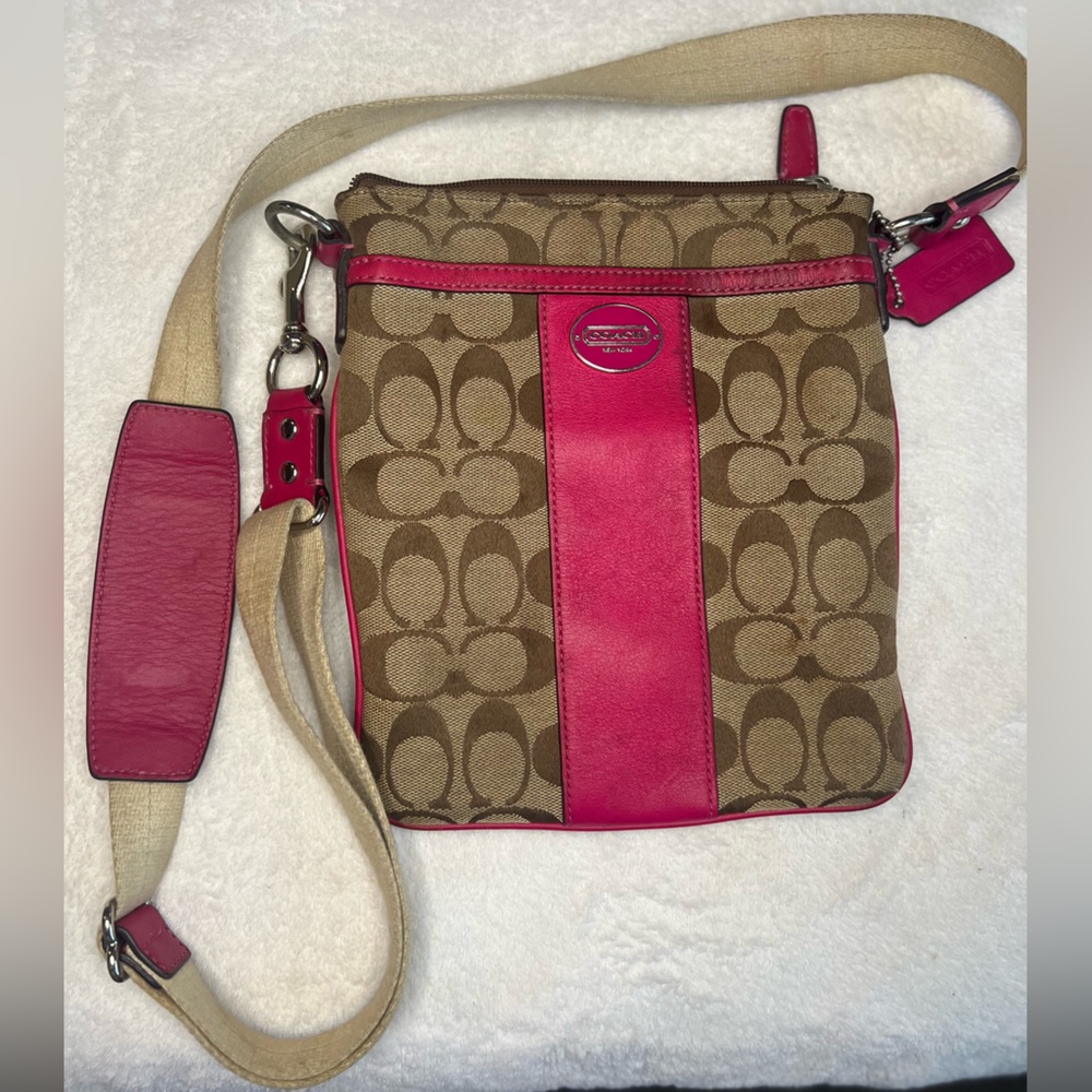 Coach Brown and Pink Crossbody Bag with Signature Monogram